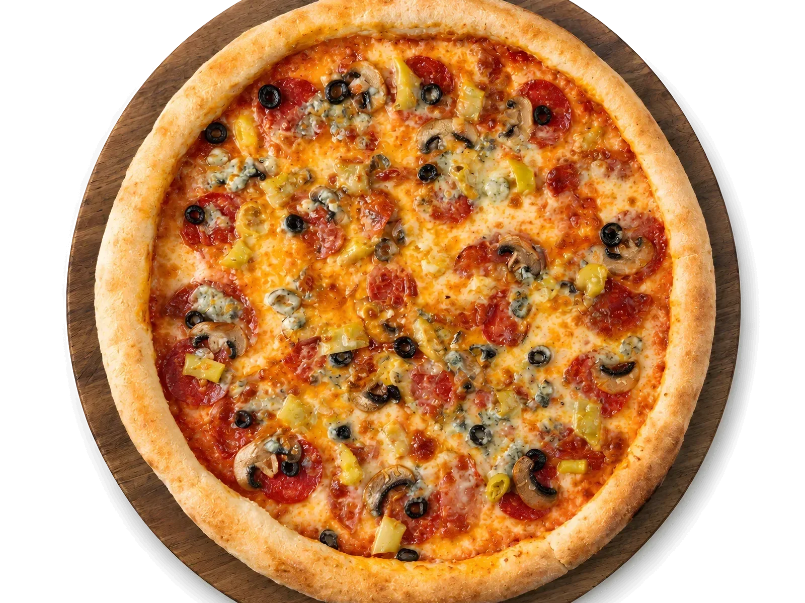 Rud's Chef - sugo, chorizo, salám, olivy, žampiony, beraní rohy, niva