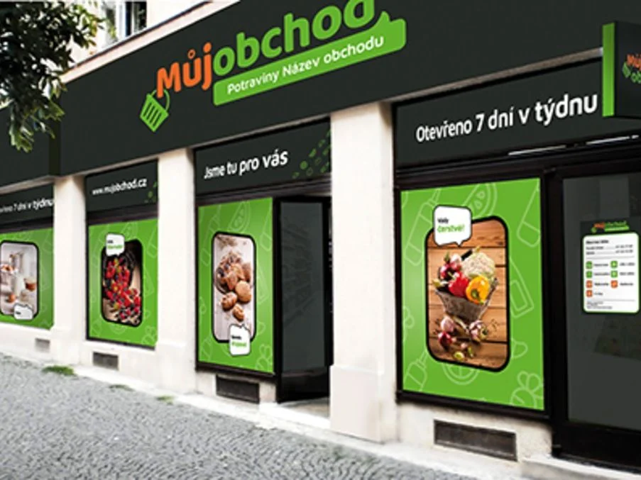 Vizualizace fasády prodejny Můj obchod (grafický návrh, ne fotografie)