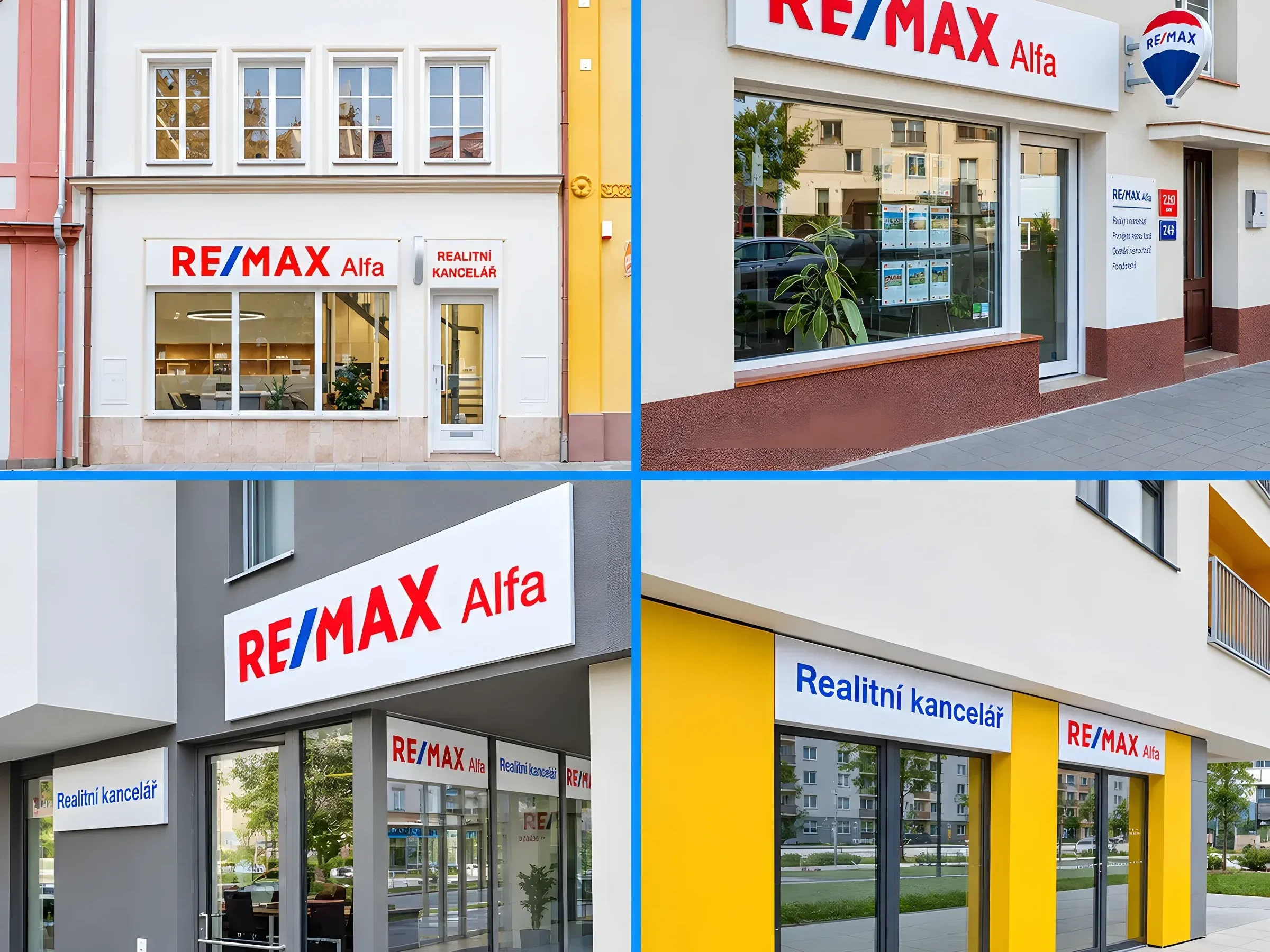 Exteriéry čtyř poboček REMAX - světelné logo a výloha s nabídkou