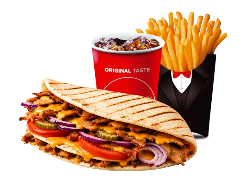 Kebab v pita chlebu s hranolkami a nápojem (průhledné pozadí)