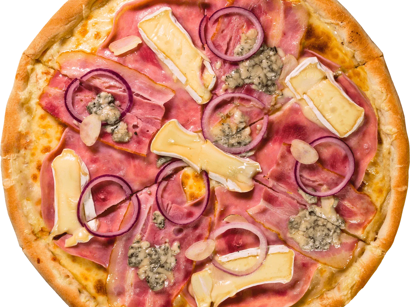 Pizza se šunkou, sýrem a červenou cibulí